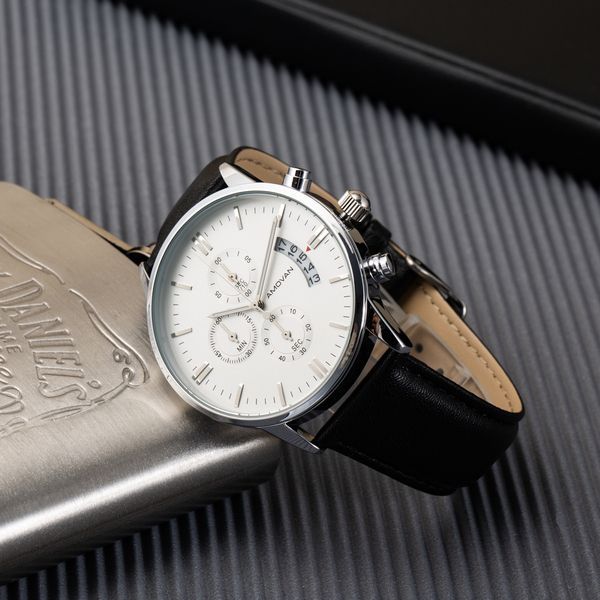 Amovan - Men's Multifunction Sport Quartz Watch - Stainless Steel Black Strap/White Face- 43mm 