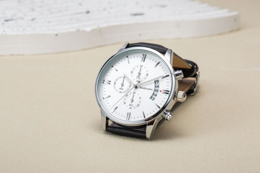 Amovan - Men's Multifunction Sport Quartz Watch - Stainless Steel Black Strap/White Face- 43mm 