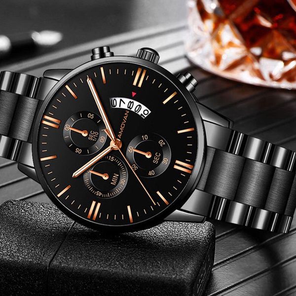 Amovan - Men's Multifunction Sport Quartz Watch - Stainless Steel Black Strap/Black Face - 43mm