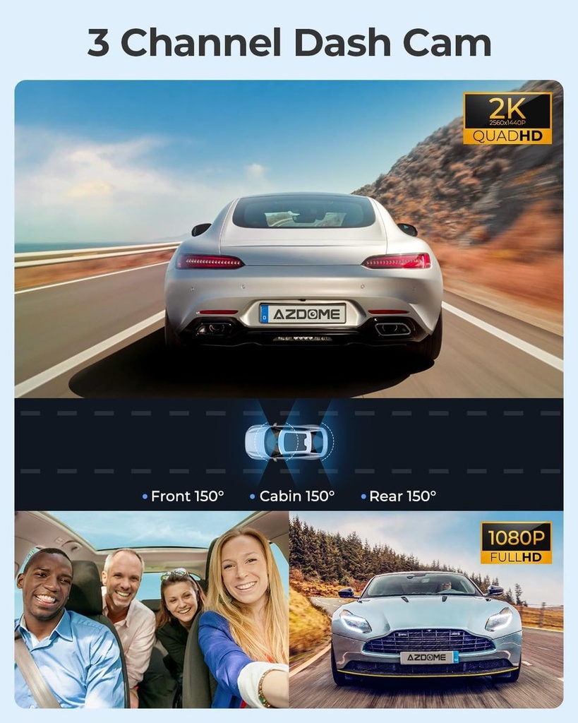 AZDOME M550 4K WiFi Dash Camera , 3-Channel, Dual Front/Rear, 64GB Card Cam