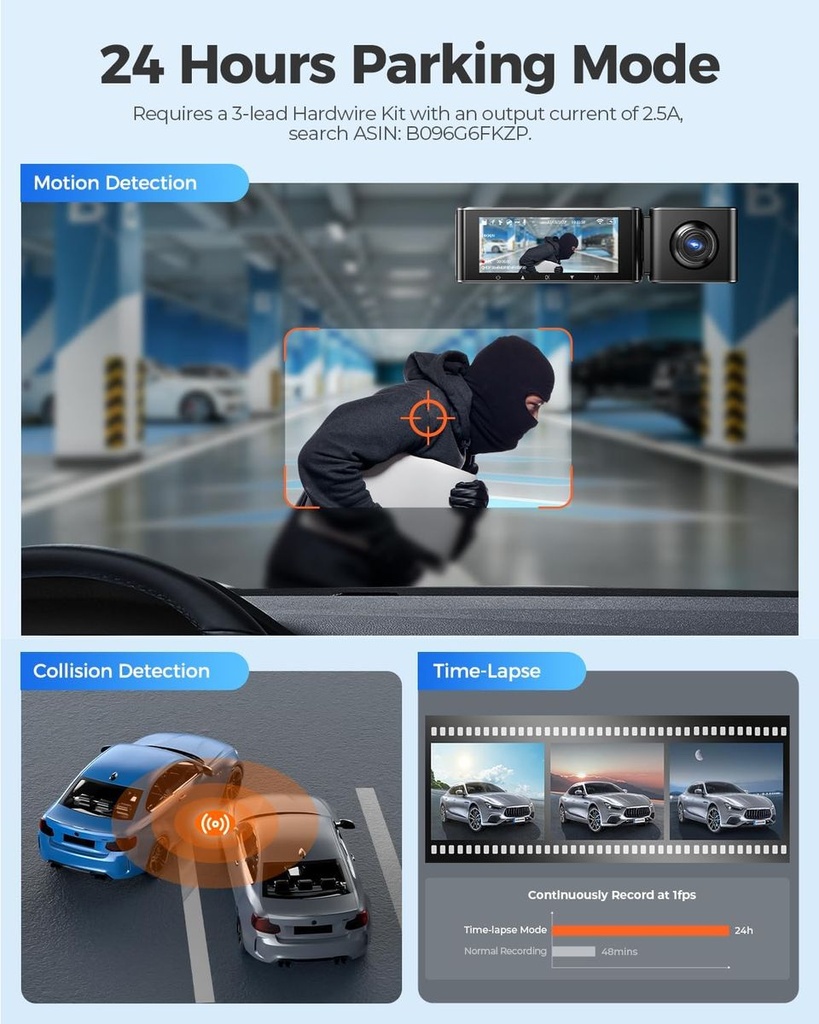 AZDOME M550 4K WiFi Dash Camera , 3-Channel, Dual Front/Rear, 64GB Card Cam