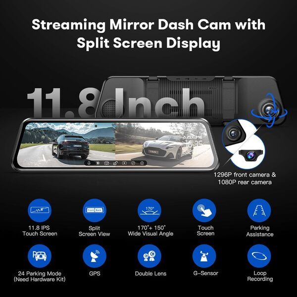 AZDOME 12" IPS Touch Screen Dash Cam with WiFi - Dual 1080P Cameras, GPS