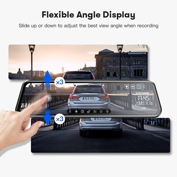 AZDOME 12" IPS Touch Screen Dash Cam with WiFi - Dual 1080P Cameras, GPS