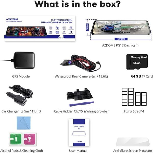 AZDOME 12" IPS Touch Screen Dash Cam with WiFi - Dual 1080P Cameras, GPS