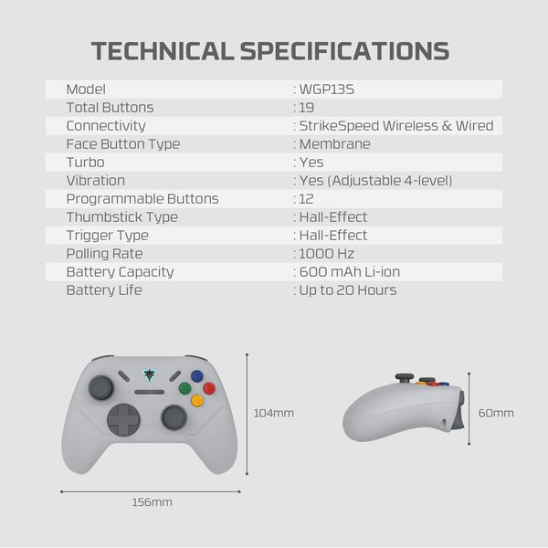 Fantech Wireless Controller- Hall-Effect Joysticks, Turbo Mode, StrikeSpeed