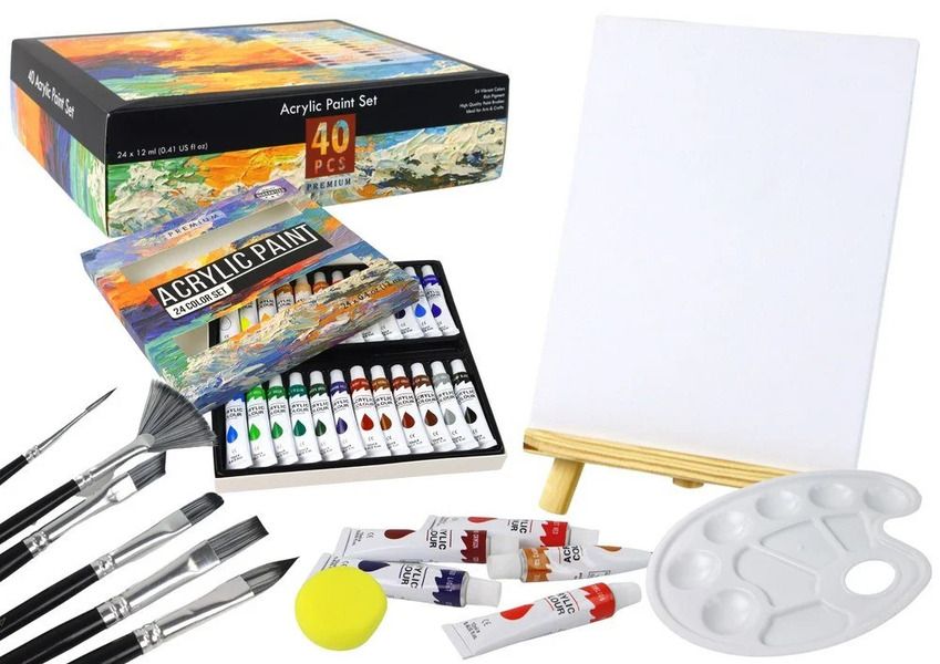 Acrylic Paint Set 24 Colors with Easel, Brushes & Accessories for Artists