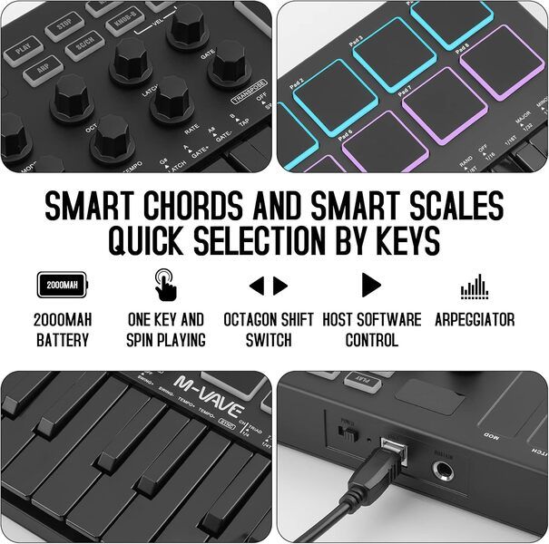 M-VAVE 25 Key, 8 Pads & 8 Knobs USB MIDI Keyboard Controller with Bluetooth - Black