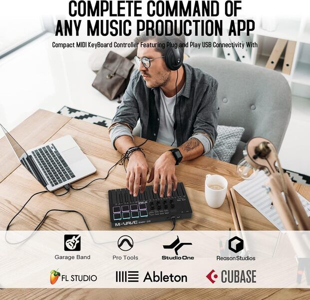 M-VAVE 25 Key, 8 Pads & 8 Knobs USB MIDI Keyboard Controller with Bluetooth - Black