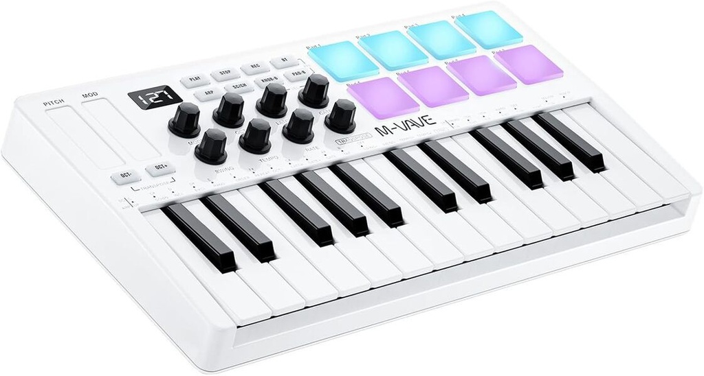 M-VAVE 25 Key, 8 Pads & 8 Knobs USB MIDI Keyboard Controller with Bluetooth - WHITE