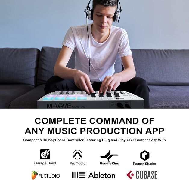 M-VAVE 25 Key, 8 Pads & 8 Knobs USB MIDI Keyboard Controller with Bluetooth - WHITE