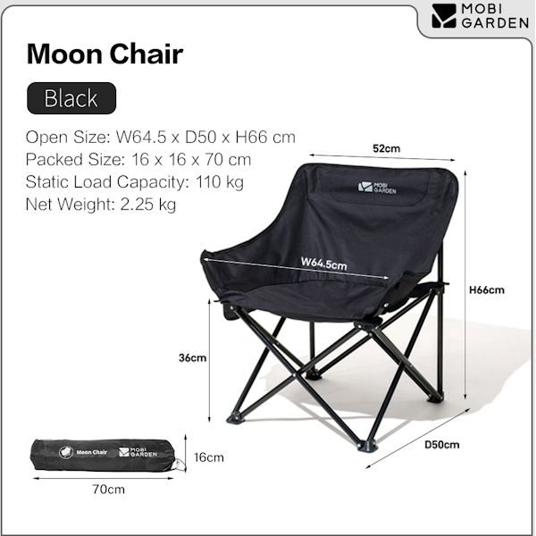 Mobi Garden Moon Chair - Compact Folding Camping Chair with Padded Seat - Black