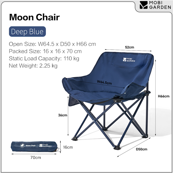 Mobi Garden Moon Chair - Compact Folding Camping Chair with Padded Seat - Blue