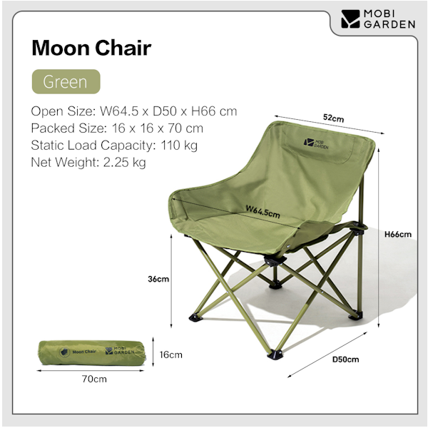 Mobi Garden Moon Chair - Compact Folding Camping Chair with Padded Seat - Green