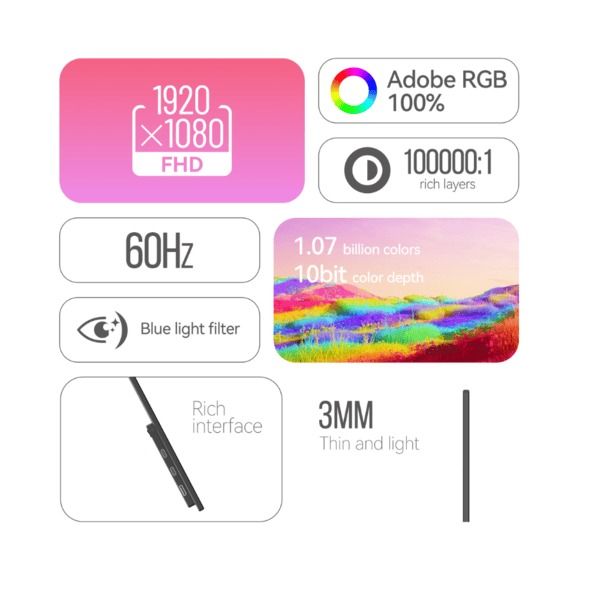 NPC Portable Monitor - Ultra-Thin 3mm Design, 100% Adobe RGB, 60Hz, FHD IPS
