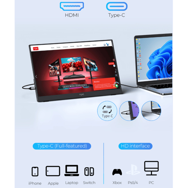 NPC Portable Monitor - Ultra-Thin 3mm Design, 100% Adobe RGB, 60Hz, FHD IPS