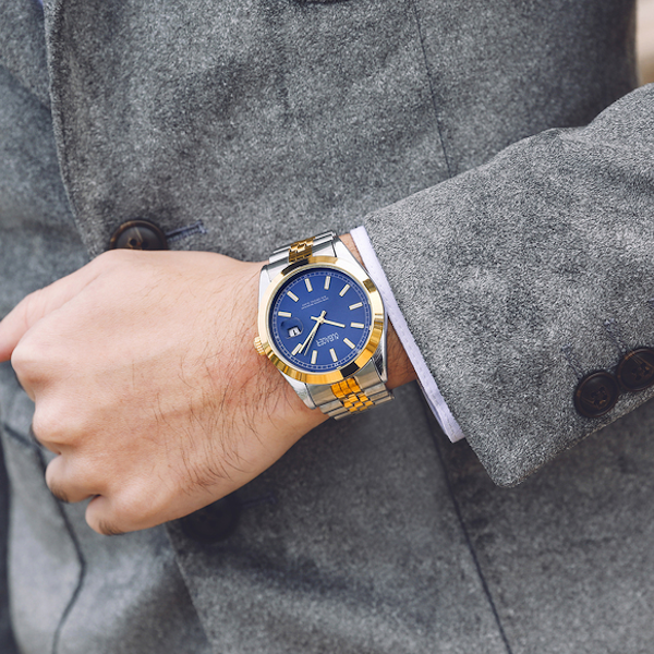 Oubaoer Men's Luxury Quartz Wristwatch - Stainless Steel with Date Display Silver-Gold, Dark Blue