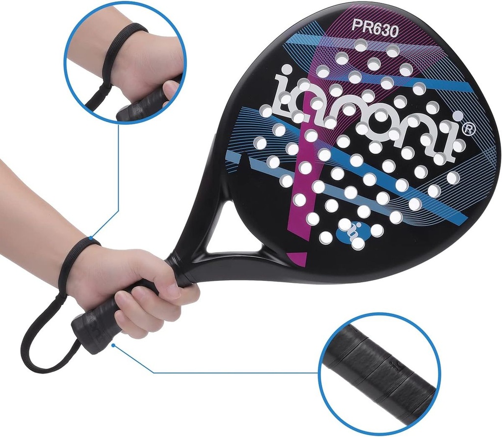 Ianoni Padel Racket -Carbon Fiber Surface With Eva Memory Flex Foam Racquet - Black Purple