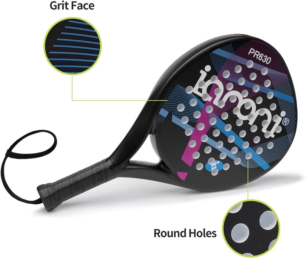 Ianoni Padel Racket -Carbon Fiber Surface With Eva Memory Flex Foam Racquet - Black Purple