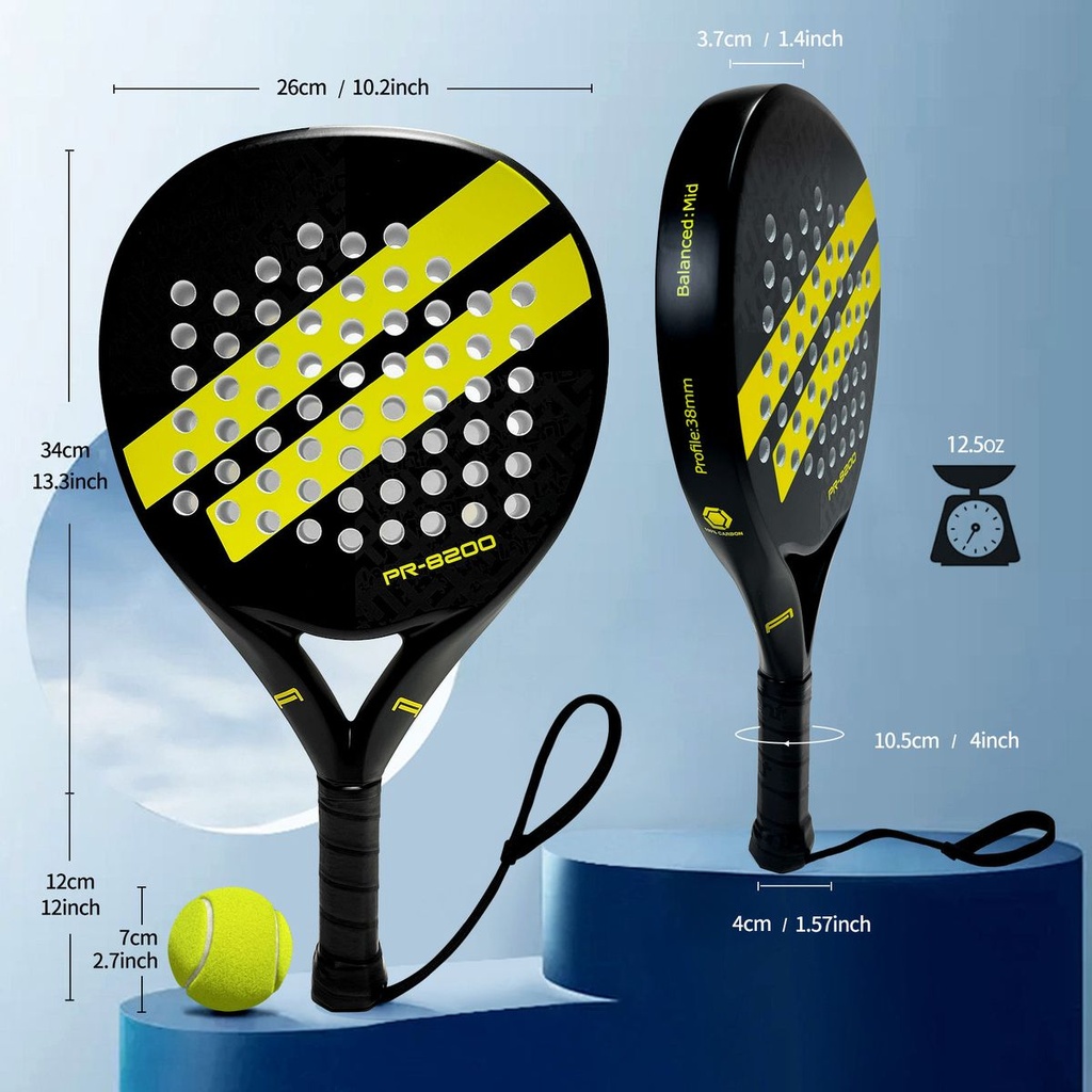 Ianoni Padel Racket -Carbon Fiber Surface With Eva Memory Flex Foam Racquet - Black Yellow