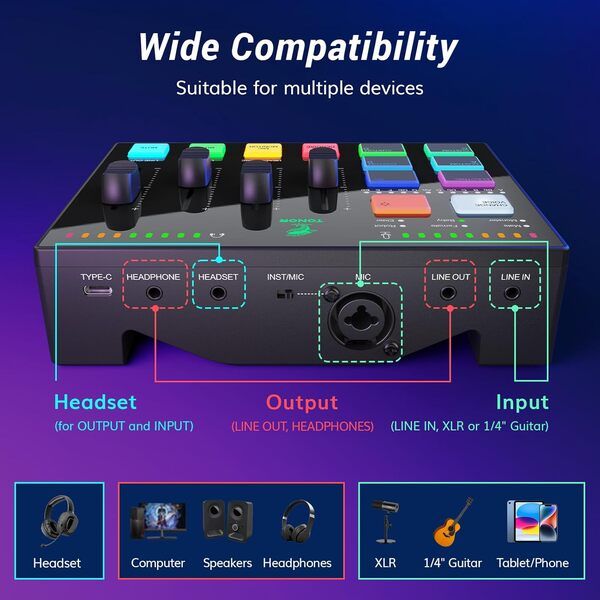 TONOR TX310 Gaming Audio Interface RGB Mixer with XLR & 6.5mm Input
