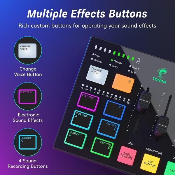 TONOR TX310 Gaming Audio Interface RGB Mixer with XLR & 6.5mm Input