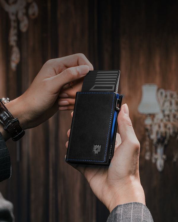 Dodensha (DDS) Pop-Up Aluminum RFID Trifold Leather Slim Wallet - Black, Blue