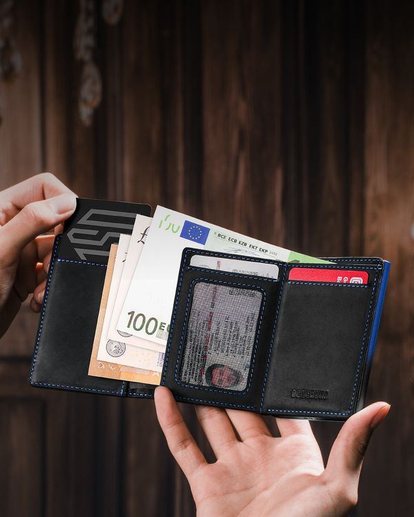 Dodensha (DDS) Pop-Up Aluminum RFID Trifold Leather Slim Wallet - Black, Blue