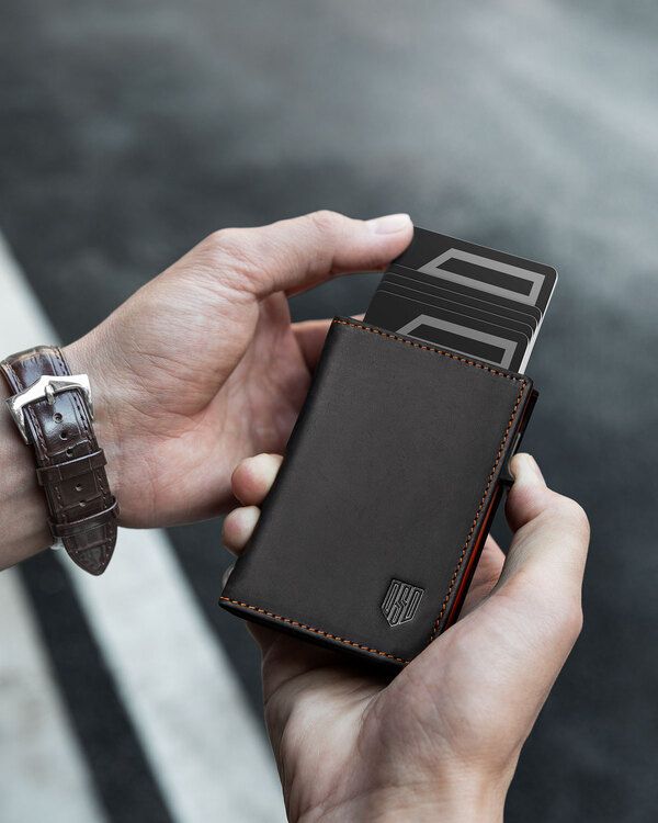 Dodensha (DDS) Pop-Up Aluminum RFID Trifold Leather Slim Wallet - Black, Orange