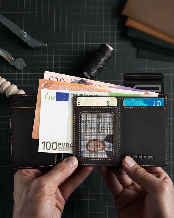 Dodensha (DDS) Pop-Up Aluminum RFID Trifold Leather Slim Wallet - Black, Orange