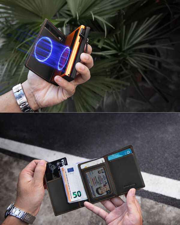 Dodensha (DDS) Pop-Up Aluminum RFID Trifold Leather Slim Wallet - Black, Orange