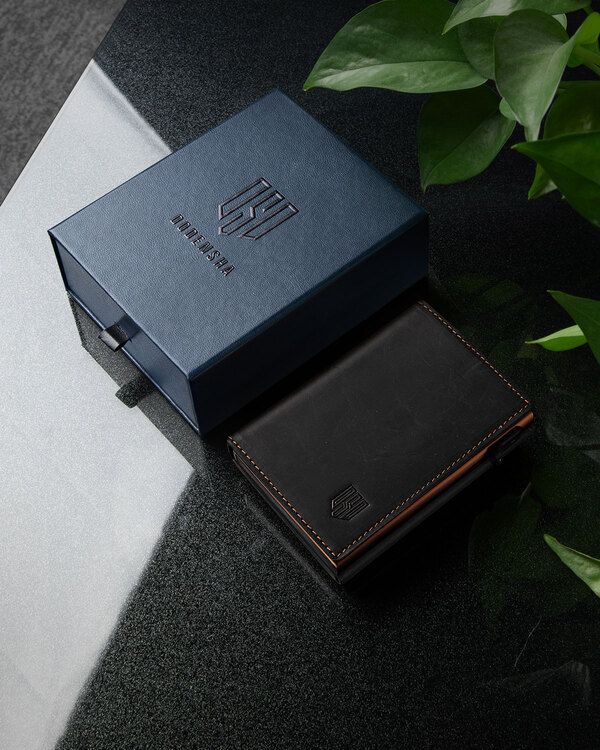 Dodensha (DDS) Pop-Up Aluminum RFID Trifold Leather Slim Wallet - Black, Orange