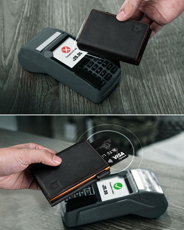 Dodensha (DDS) Pop-Up Aluminum RFID Trifold Leather Slim Wallet - Black, Orange