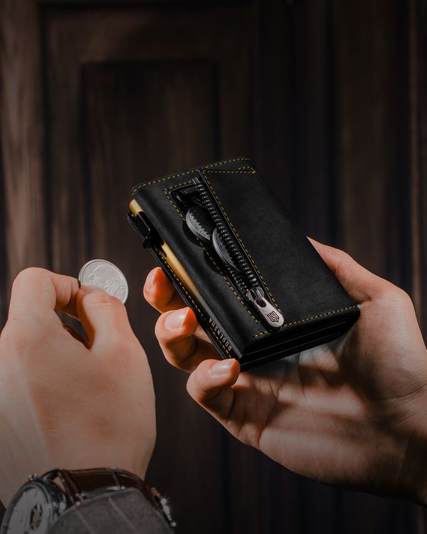 Dodensha (DDS) Pop-Up Aluminum RFID Trifold Leather Slim Wallet - Black, Yellow