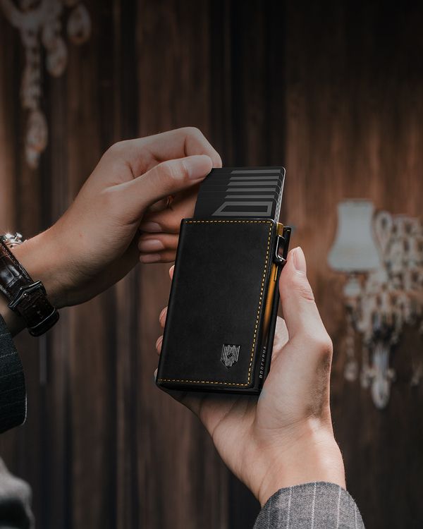 Dodensha (DDS) Pop-Up Aluminum RFID Trifold Leather Slim Wallet - Black, Yellow