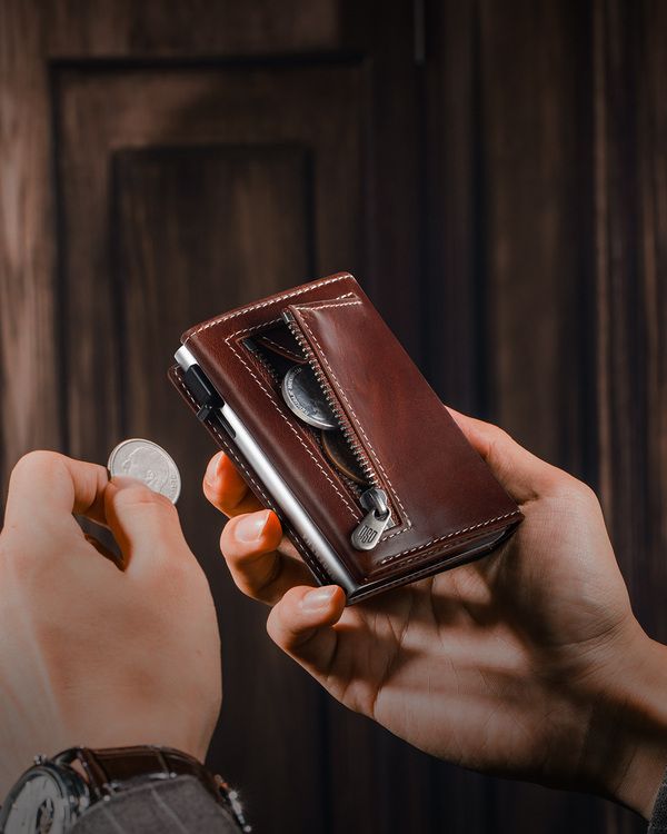 Dodensha (DDS) Pop-Up Aluminum RFID Trifold Leather Slim Wallet - Brown, Silver