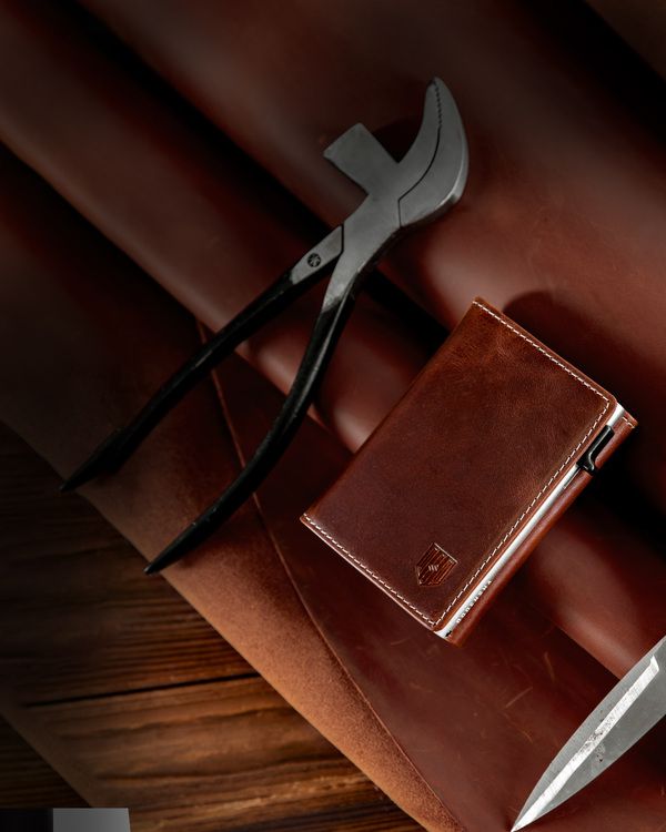 Dodensha (DDS) Pop-Up Aluminum RFID Trifold Leather Slim Wallet - Brown, Silver