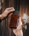 Dodensha (DDS) Pop-Up Aluminum RFID Trifold Leather Slim Wallet - Brown, Silver