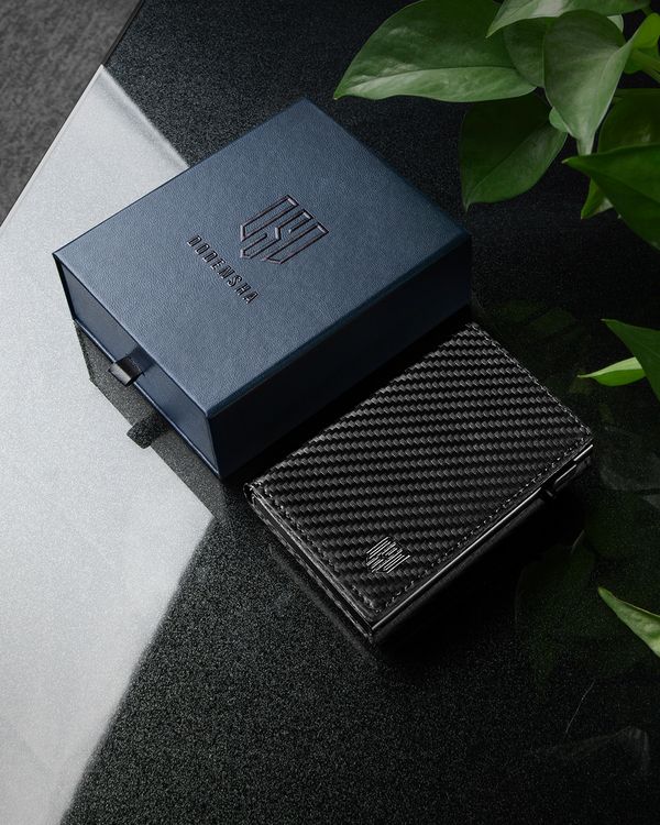 Dodensha (DDS) Pop-Up Aluminum RFID Trifold Leather Slim Wallet - Black, Carbon