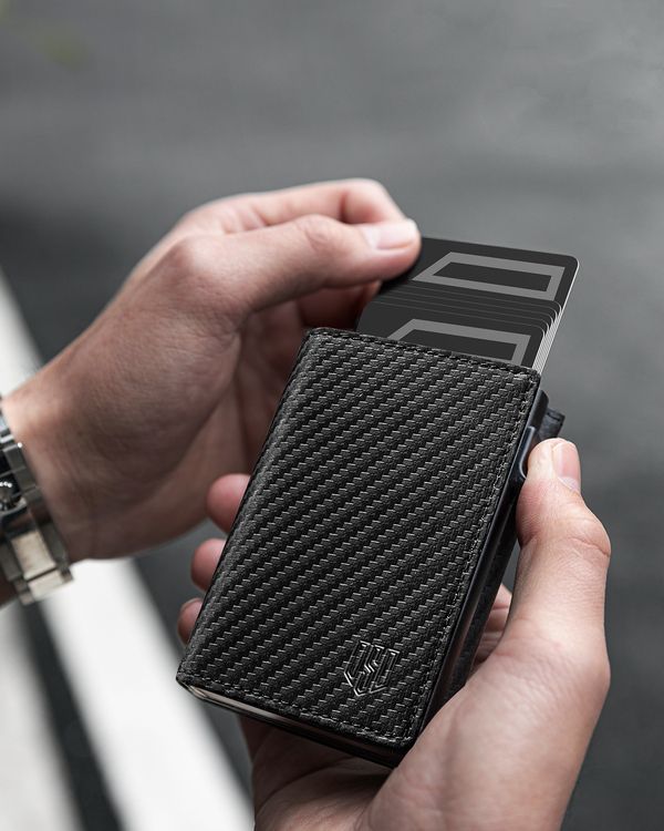 Dodensha (DDS) Pop-Up Aluminum RFID Trifold Leather Slim Wallet - Black, Carbon