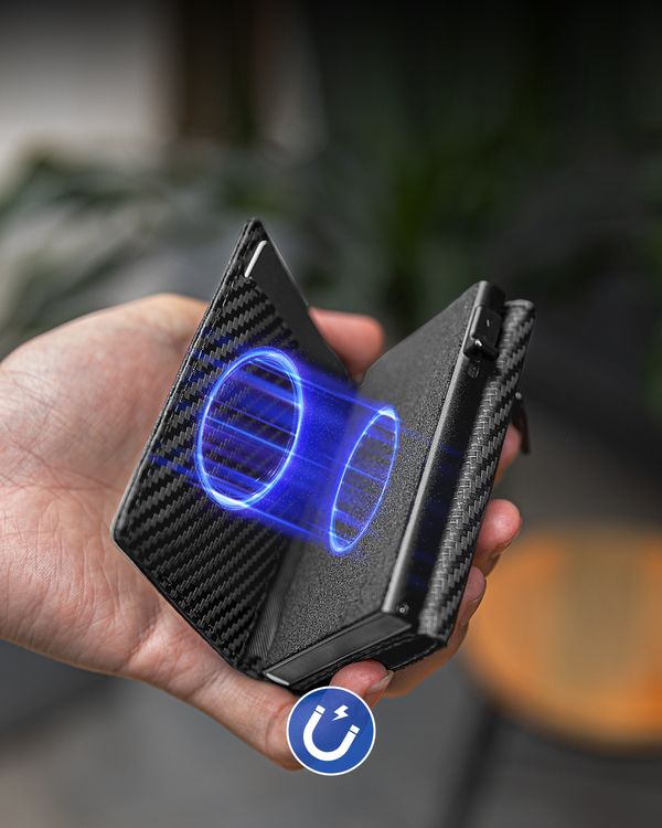 Dodensha (DDS) Pop-Up Aluminum RFID Trifold Leather Slim Wallet - Black, Carbon