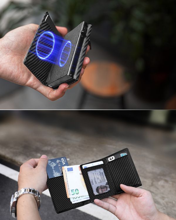 Dodensha (DDS) Pop-Up Aluminum RFID Trifold Leather Slim Wallet - Black, Carbon