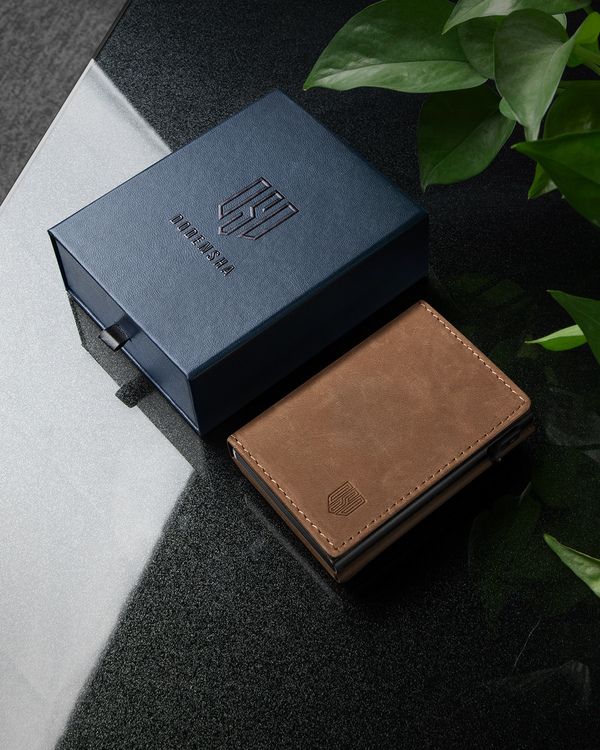 Dodensha (DDS) Pop-Up Aluminum RFID Trifold Leather Slim Wallet - Brown