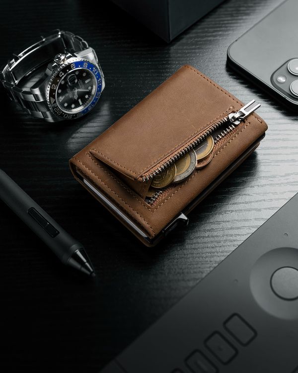 Dodensha (DDS) Pop-Up Aluminum RFID Trifold Leather Slim Wallet - Brown