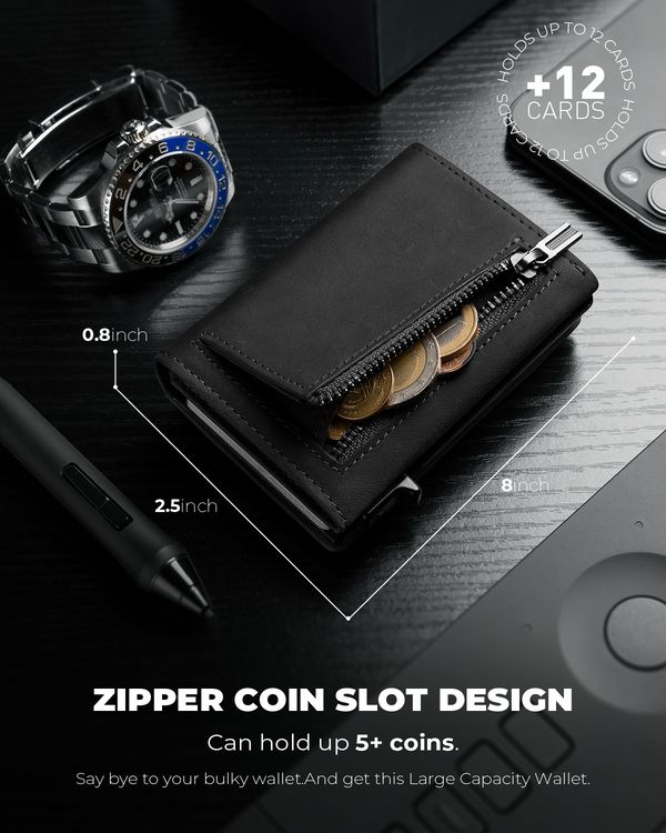 Dodensha (DDS) Pop-Up Aluminum RFID Trifold Leather Slim Wallet - Black