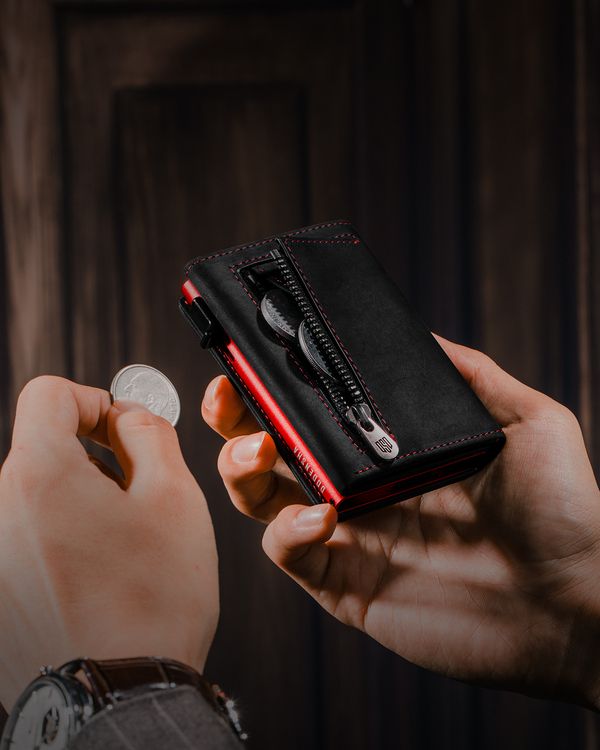 Dodensha (DDS) Pop-Up Aluminum RFID Trifold Leather Slim Wallet - Black, Red