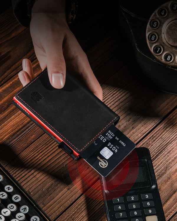 Dodensha (DDS) Pop-Up Aluminum RFID Trifold Leather Slim Wallet - Black, Red