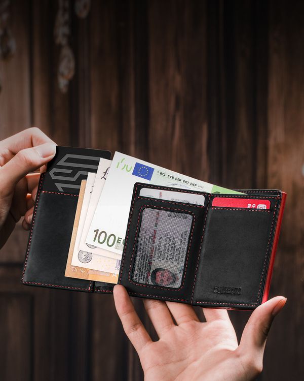 Dodensha (DDS) Pop-Up Aluminum RFID Trifold Leather Slim Wallet - Black, Red