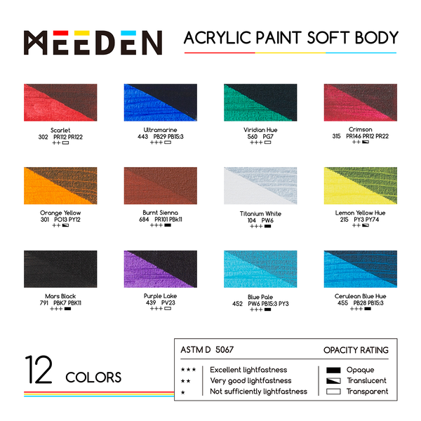 MEEDEN 12-Color Soft Body Acrylic Paint Set - 60ml Artist Squeeze Bottles