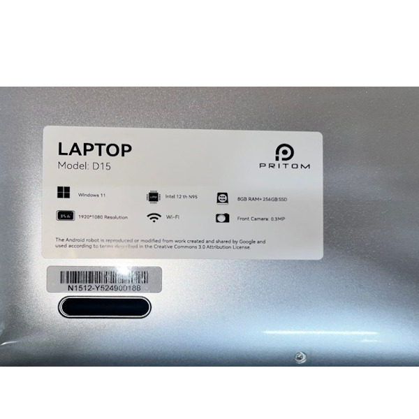 Pritom D15 15.6" Laptop - Intel N95, 8GB RAM, 256GB SSD, Windows 11 Home