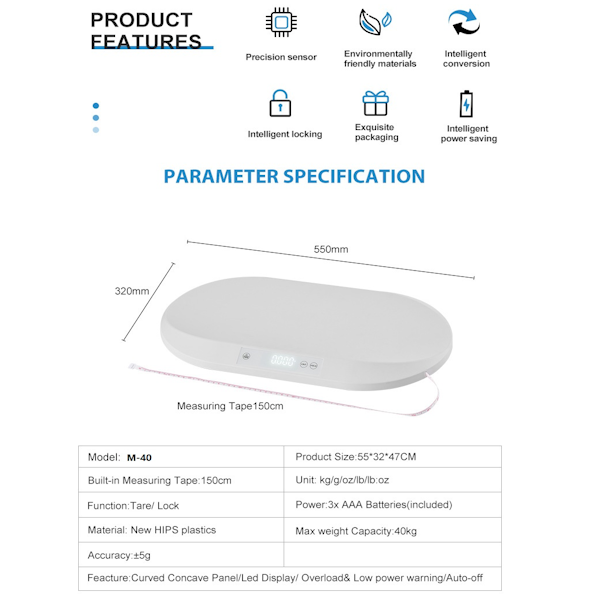 LANNX Digital Baby Scale with Measuring Tape Tare and Lock Function, 40kg Cap